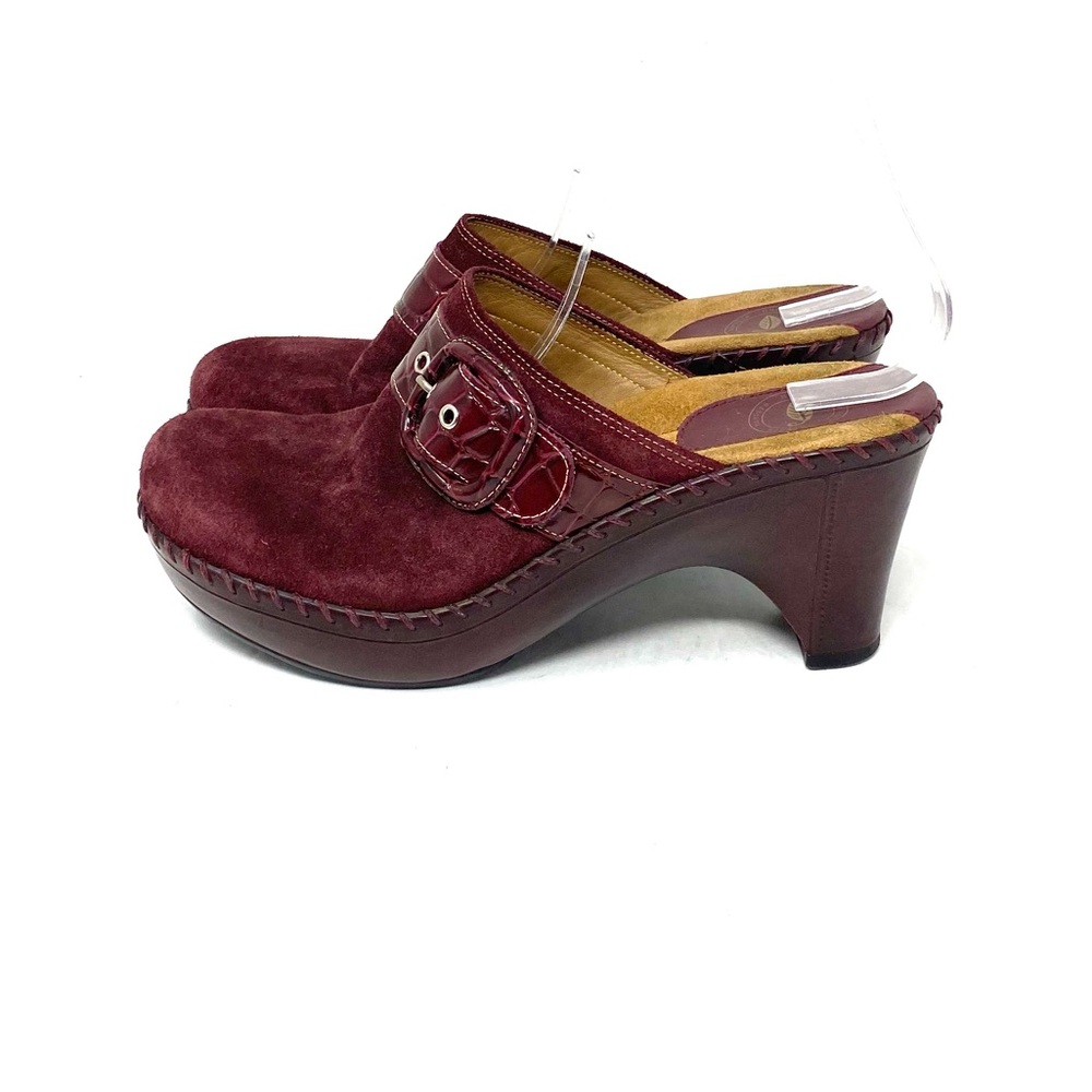 Maroon suede Clog with buckle and wedge-style heel.